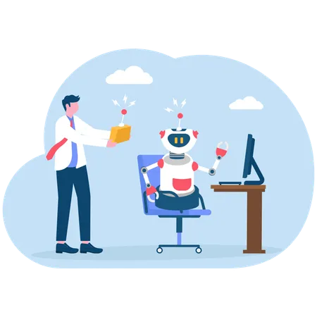 Businessman controlling robot at office desk with remote control  Illustration