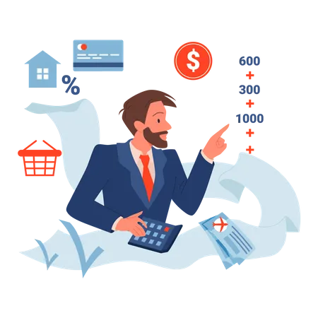 Businessman counting company expenses  Illustration