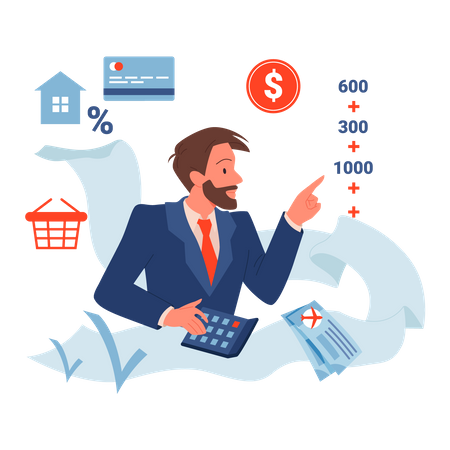 Businessman counting company expenses  Illustration