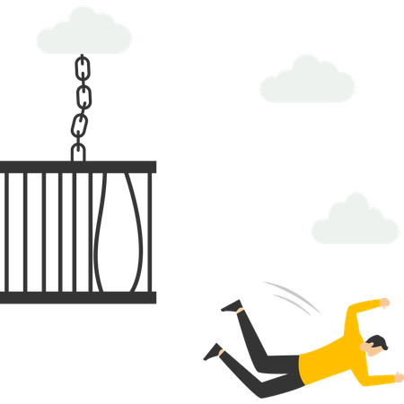 Businessman courage to escape from birdcage jump and fly away  Illustration