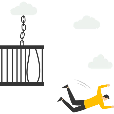Businessman courage to escape from birdcage jump and fly away  Illustration