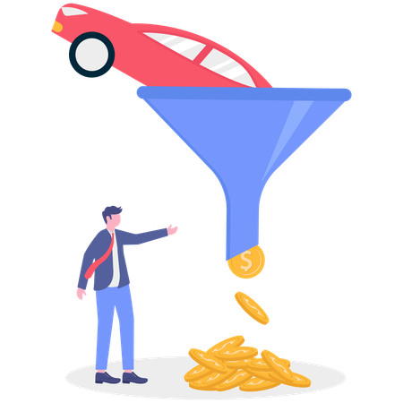 Businessman coverting vehicle to money using funnel  Illustration