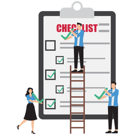 Businessman coworkers assist to put checkmark on task list clipboard  Illustration