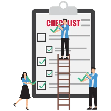 Businessman coworkers assist to put checkmark on task list clipboard  Illustration