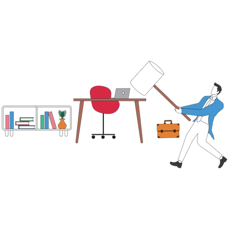 Businessman crashing workplace in office  Illustration