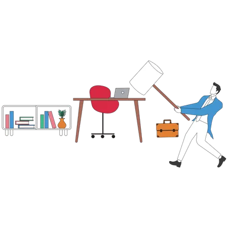 Businessman crashing workplace in office  Illustration