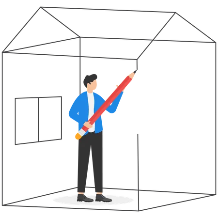 Businessman Drawing Houses Around Himself Creating Limits And Borders Set Privacy Zone Personal Barrier To Focus Or Work Boundary Space To Be With Yourself Illustration