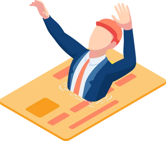 Flat 3 D Isometric Businessman Drowning Into Credit Card Financial Crisis And Debt Concept Illustration