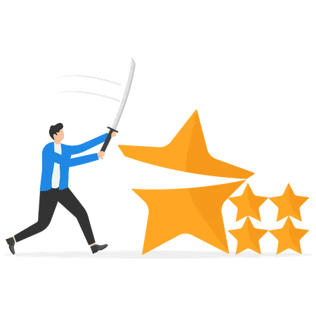 Businessman credit score staff sawing star to reduce score  Illustration