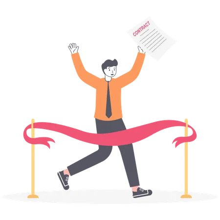 Businessman With Contract In Hand At A Finishing Line Businessman Cross A Finish Red Ribbon Concept Of Successful Business Vector Illustration Flat Illustration