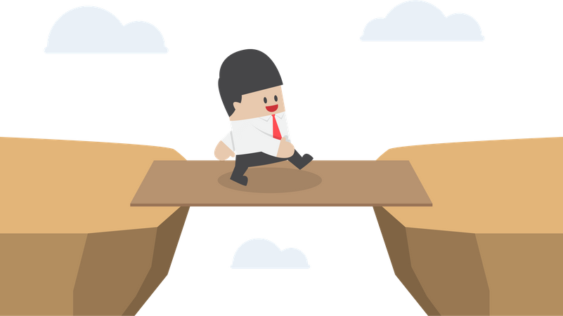 Businessman cross the cliff gap by wooden board as a bridge Illustration