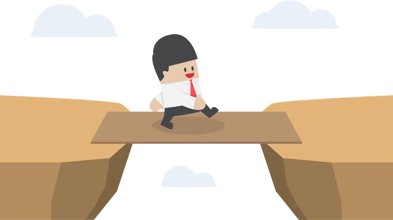 Businessman cross the cliff gap by wooden board as a bridge  Illustration