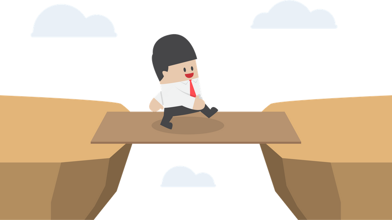 Businessman cross the cliff gap by wooden board as a bridge  Illustration