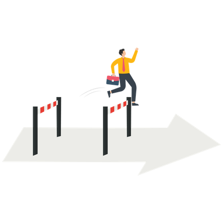 Businessman crosses obstacles on the arrow and goes forward  Illustration