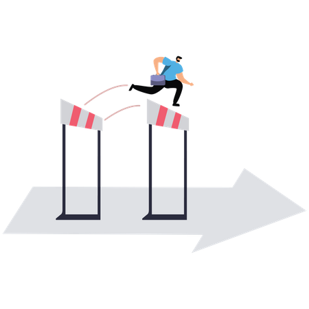 Businessman crosses obstacles on the arrow and goes forward  Illustration