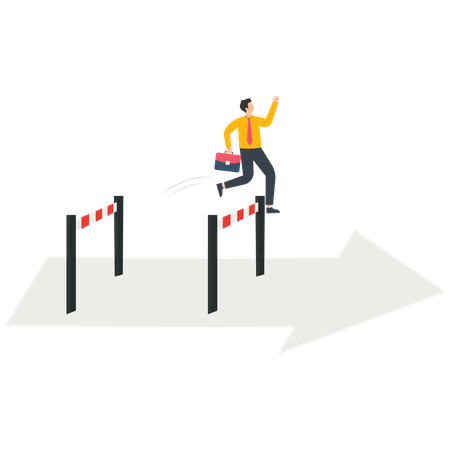 Businessman crosses obstacles on the arrow and goes forward  Illustration