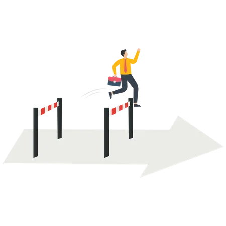 Businessman crosses obstacles on the arrow and goes forward  Illustration