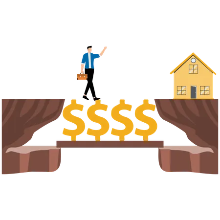 Businessman crossing the dollar bridge to achieve financial goals  Illustration