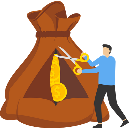 Businessman cut big sack full of cash money  Illustration