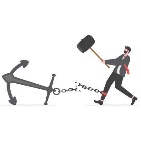 Businessman cut chain himself with big heavy anchor  Illustration