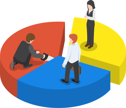 Businessman cut chart pie with saw and sharing to colleague  Illustration