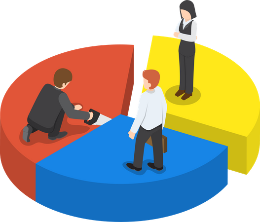 Businessman cut chart pie with saw and sharing to colleague  Illustration