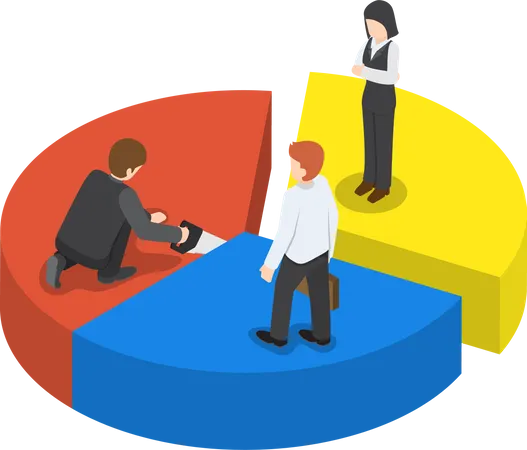 Businessman cut chart pie with saw and sharing to colleague  Illustration