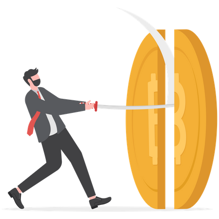 Businessman cut gold bitcoin with sword  Illustration