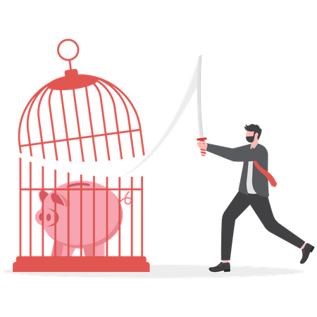 Businessman cut the cage with a sword  Illustration