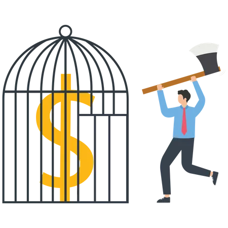 Businessman cut the cage with an axe  Illustration