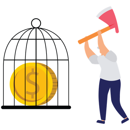 Businessman cut the cage with an axe  Illustration