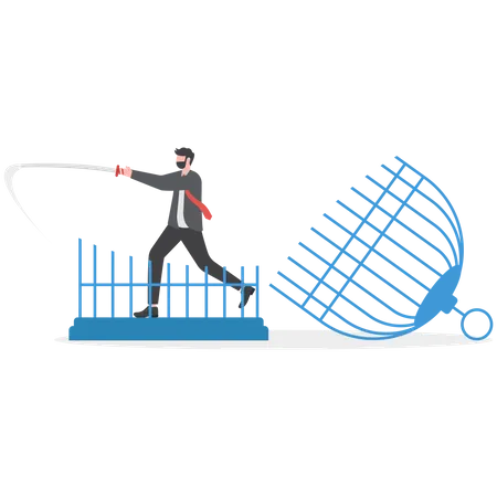 Businessman Cut The Cage With A Sword Escape From Routine Comfort Zone Businessman Becomes Free Illustration