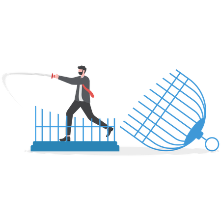 Businessman cut the cage with sword  Illustration