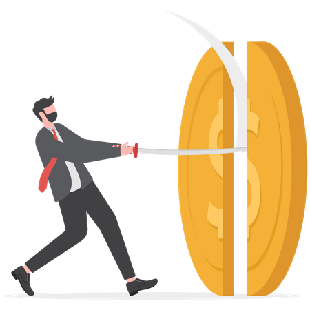 Businessman cut the gold coin with a sword  Illustration