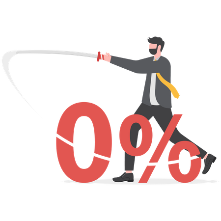 Businessman cut the number 0 percent with his sword  Illustration