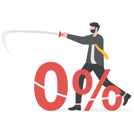 Businessman cut the number 0 percent with his sword  Illustration