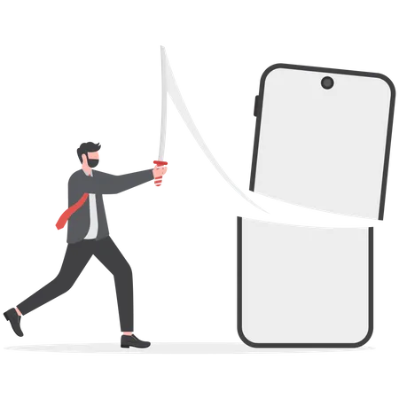 Social Media Addiction Concept Businessman Cuts A Smartphone With A Sword Illustration
