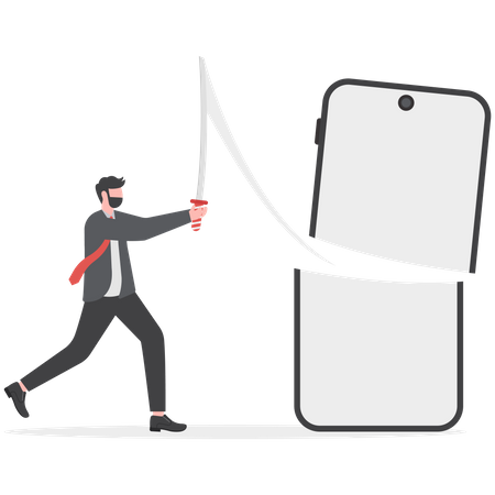 Businessman cuts a smartphone with a sword  Illustration