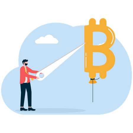 Businessman cuts bitcoin balloon  Illustration
