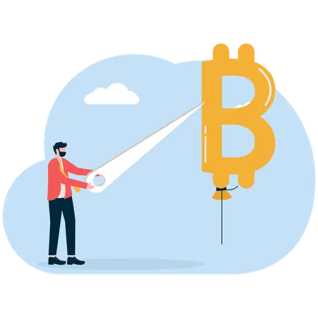 Businessman cuts bitcoin balloon  Illustration
