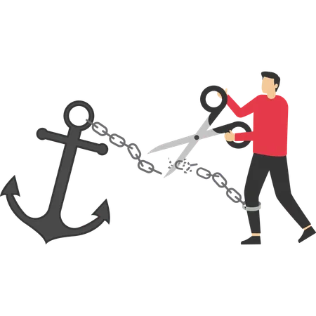 Freedom Relief Or Escape From Bad Habit Psychology Anchoring Effect Or Cut Heavy Burden To Growing More Concept Businessman Cut Chain Himself With Big Heavy Anchor Illustration