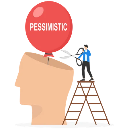Businessman cuts pessimistic balloon on his head  Illustration