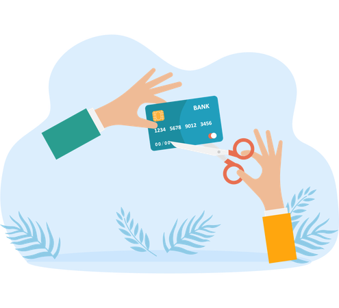 Businessman cuts up credit card with scissors  Illustration