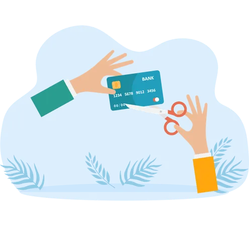 Businessman cuts up credit card with scissors  Illustration
