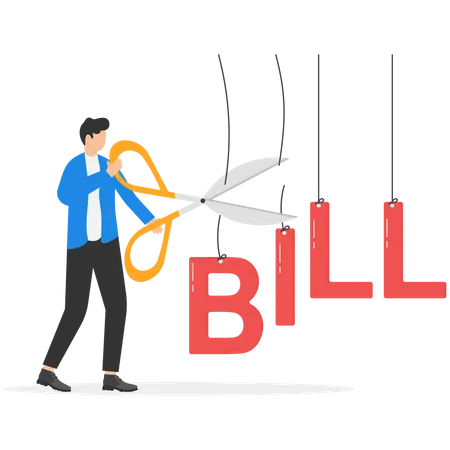 Cost Cut Or Reduction Concept Business Efficiency And Cost Optimization Symbol Businessman Cutting Bill Alphabet Vector Illustration イラスト