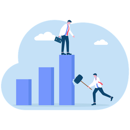 Businessman cutting down bar graph with another businessman on top  Illustration