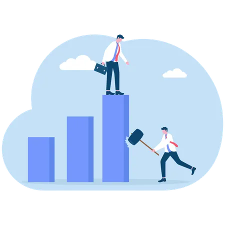 Businessman cutting down bar graph with another businessman on top  Illustration