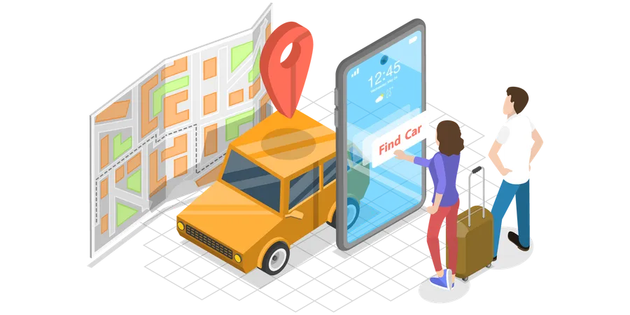 3 D Isometric Flat Vector Concept Of Car Sharing Service App Shared Mobility Vehicle Reting Model For Short Periods Of Time Illustration