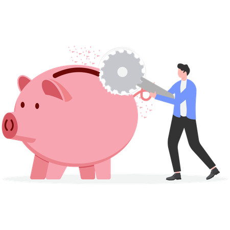 Businessman cutting Piggy bank with electric saw  Illustration