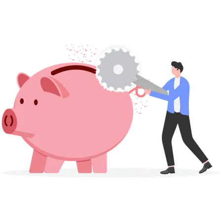 Businessman cutting Piggy bank with electric saw  Illustration